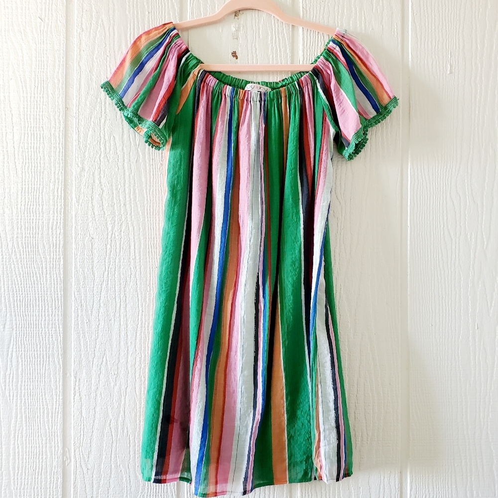 Joy Joy Multicolor Striped Peasant Dress Off the Shoulder Lined XS